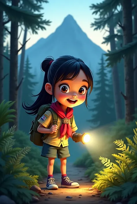 Caricature 4D.kayla,  a  girl ,  eagerly following the activities of the Scout camp at the foot of Mount Salak .  She was dressed in a scout uniform complete with a red scarf around her neck .Being in the middle of the forest with a flashlight. realistic f...