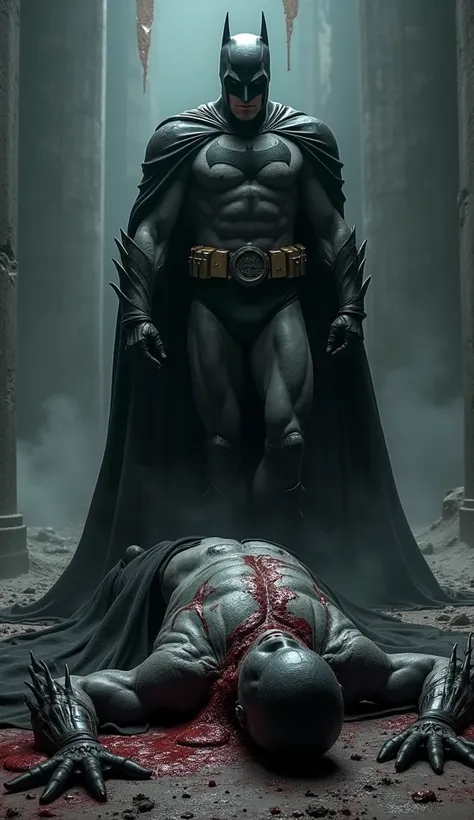 Batman has fallen to the ground and has been killed. His whole body has been stripped of blood and wounds, and the God of War is taken away from him with his body. 