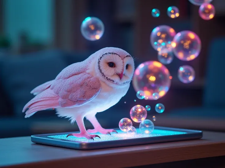 masterpiece,  is anatomically correct, a pale color hologram owl operates a smartphone ,its leg  ,Colorful々 shaped magic bubbles popping out of the smartphone screen and spread over a wide area like climbing into the sky ,seen from the owl, cute picture fa...