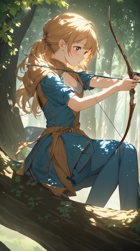 1 girl, (cute face), 18 years old, to many hairstyle, blush, Gazing into the distance, medium breasts, wearing fantasy game style archer costume, (knee length), Holding a weapon, Bow that shoots arrows,  Drawing a bow and aiming,, sitting on a tree branch,...