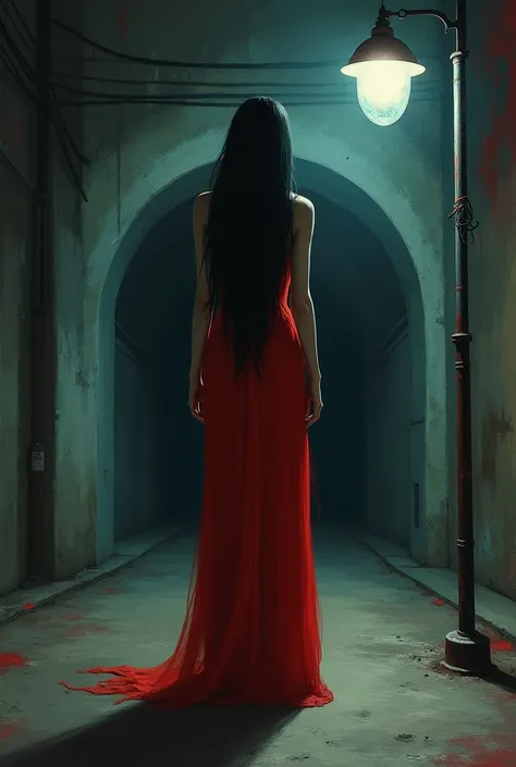  standing under a streetlight on a dark street 、 behind it is a dark and disused abandoned tunnel 、 very thin and tall woman wearing a bright red dress with long, black straight hair、Horror Taste、shocking style of painting 
