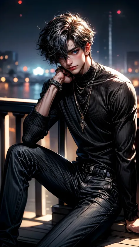 Masterpiece, best quality, high resolution, highly detailed, 1boy, good looking face , sapphire blue eyes( glowing eyes) black color hair, hair style ( disheveled hair ), full black hair, silver watch, light skinned, wearing a black jeans and white top, si...