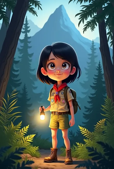 Caricature 4D.kayla,  a  girl ,  eagerly following the activities of the Scout camp at the foot of Mount Salak .  She was dressed in a scout uniform complete with a red scarf around her neck .Being in the middle of the forest with a flashlight. realistic f...