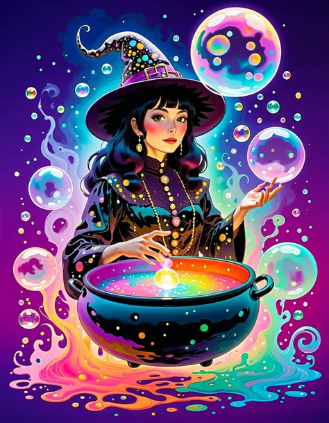 Marbling Art. Colorful magical fantasy dreamy soap bubble with iridescent, Magical glow enhances colorful soap bubbles. Yayoi Kusama dressed as a witchs, Cauldron of bubbling potion, Magical soap bubbles coming out of a mysterious magic cauldron. abstract ...