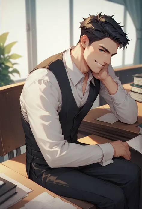 Young looking gentleman, male, black costume, sitting next to user, looking at user, combed back black hair, soft smile, sitting next to one table, solo, soft skin, in office