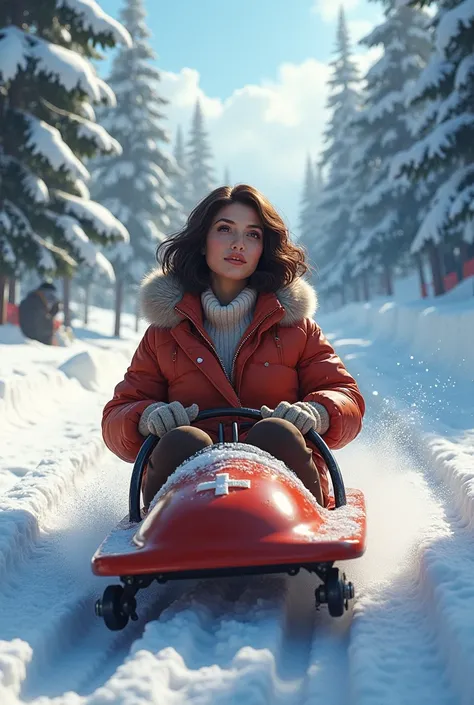 Bobsleigh ride in winter landscape. Chubby curvy sexy woman. Short brown hair.