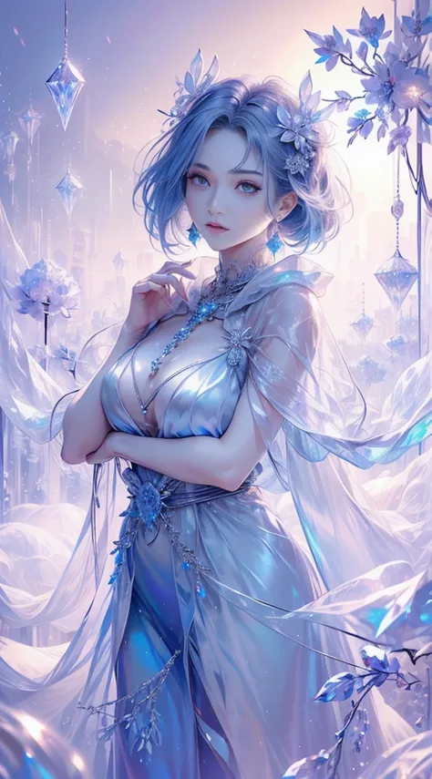 tmasterpiece，Highest high resolution，((((diamond))))，Dynamic avatar of beautiful aristocratic girl，Blue hair is elegantly coiled，，jewelery，adiamondnecklace，（((Wearing a huge cloak)))，Purple clear eyes，(((The hair is covered with beautiful and delicate flor...