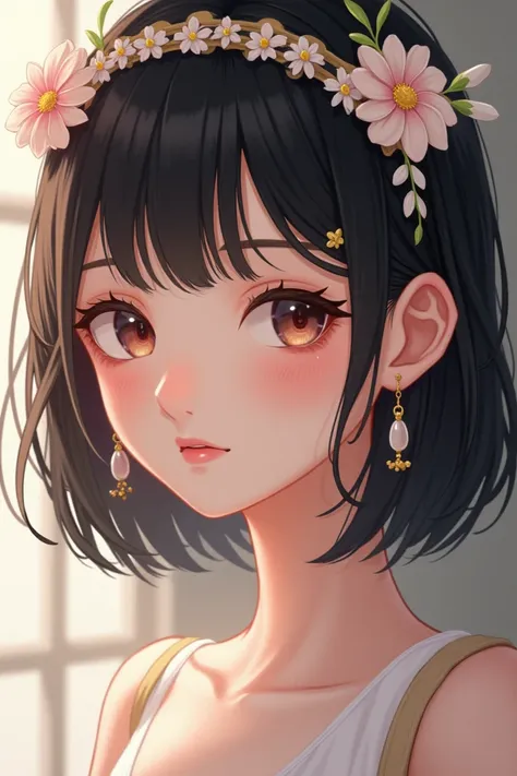 Cute girl with shoulder level black hair with headband and dangling earrings