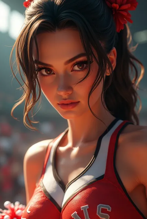  a close up of a woman in a cheerleaders uniform holding pompoms, as a character in tekken, personagem de King of Fighters,  realistic girl 4k seductive ,  realistic seductress style 3 d ,  fighting game character , Senna de League of Legends,   girl knigh...