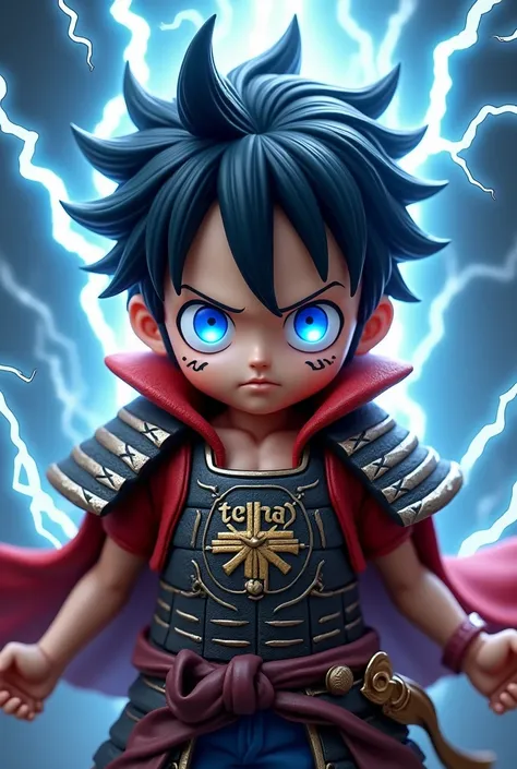  Small size Luffy 3D game logo with samurai armor,blue eyes"cool black and white hair "  with lightning effect inscribed  "TCHa" on the chest 