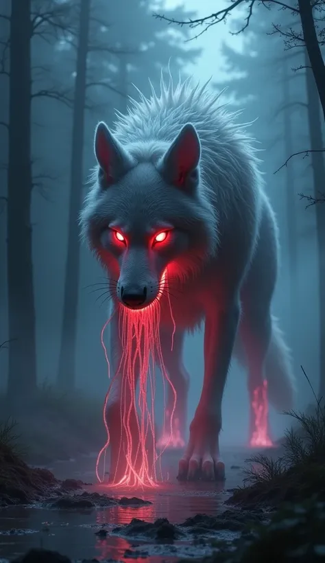 A monstrous hybrid creature, a terrifying fusion between a wolf and a jellyfish, roams a dark, misty forest. Its general shape resembles a wolf, but with grotesque and alien characteristics. Its skin appears translucent and gelatinous, with a slimy texture...