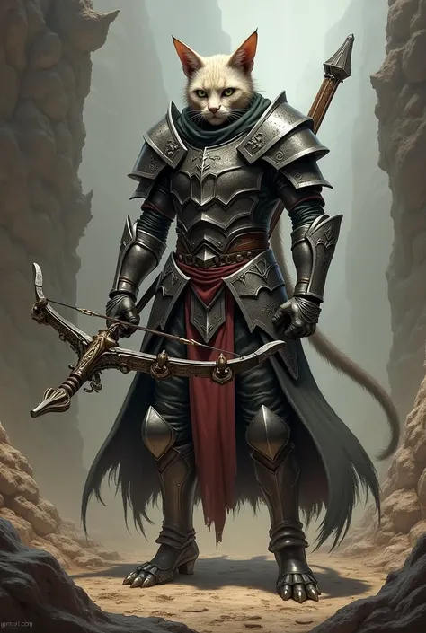 A cat-like warrior with a crossbow and heavy armor