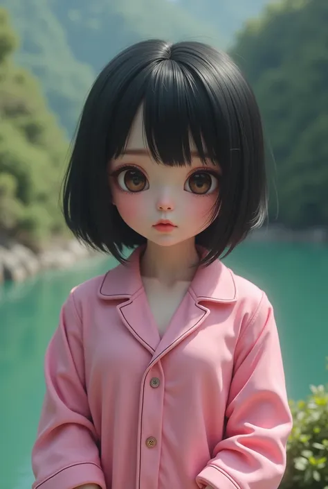 Create a realistic 4k portrait with the best quality, a   in Indonesia, who has white skin, short black hair to the shoulders, narrow eyes, and is wearing a pink pajama suit.