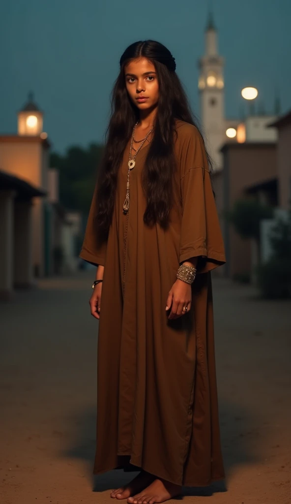 (une fille), marocaine, seule, cheveux longs, résistance (djellaba marocaine brune pied nu ), portrait (plan moyen), portrait, gros plan, point de vue, fond flou, fond (nuit, mosquée marocaine , maisons lointaines, fenêtres éclairées, plafond, Veilleuse), ...