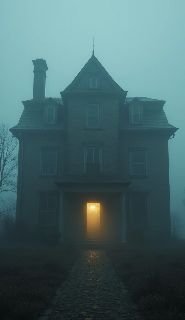 The old mansion seen at dawn, surrounded by thick mist. The main door is slightly ajar, and the atmosphere is cold and lifeless. A faint golden light breaks through the fog, but the building remains ominous and mysterious."