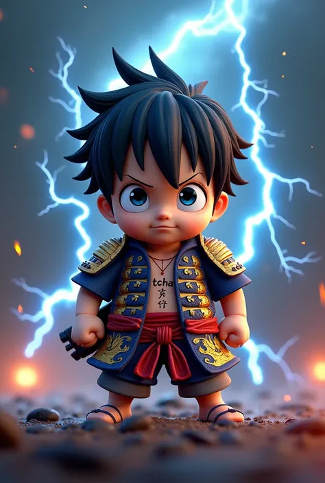  Small size Luffy 3D game logo with samurai armor,blue eyes"cool black and white hair "  with lightning effect inscribed  "tcha" on the chest 