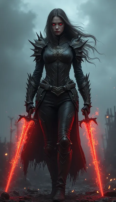 Create a scene of a fierce female Punisher in a dark fantasy world. She stands on a desolate battlefield under a stormy sky, her leather armor adorned with jagged spikes and glowing runes. She wields enchanted arms, each pulsating with crimson energy, and ...