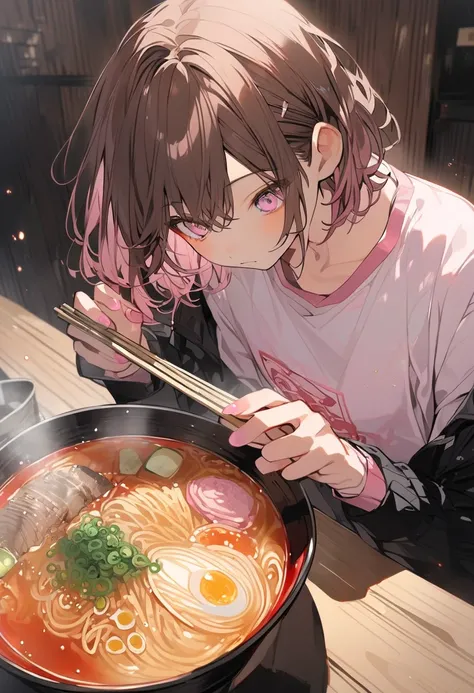  handsome, Alone, 1 female,  medium hair , Brown Hair,  pink highlight on the tip, Light pink eyes, ramen, Long Sleeve ,Date Clothes