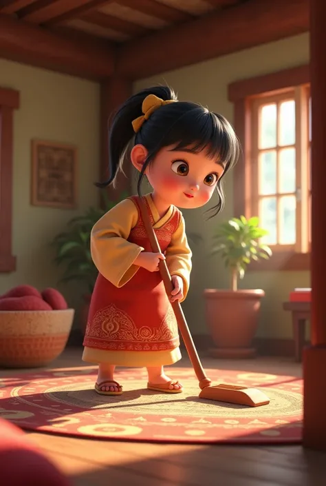 A girl in traditional clothes sweeping and mopping the floor in a cozy home, with a focused and determined expression, emphasizing household chores.
Generate in cinematic 3d cartoon style