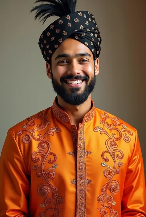 A smiling man wearing an orange kurta with decorative embroidery down the front and a black patterned cap. 