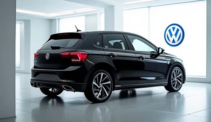 A full attractive hd photos new 2025 Volkswagen Polo is here-: black color of exterior. A white shiny showroom background logo on the wall. A car with back side view of vehicle.