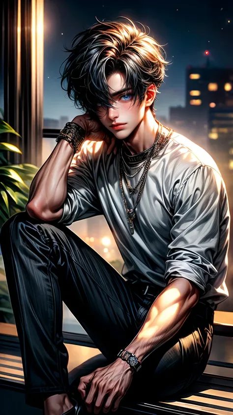 Masterpiece, best quality, high resolution, highly detailed, 1boy, good looking face , sapphire blue eyes( glowing eyes) black color hair, hair style ( smooth straight hair ), full black hair ( dark in the hair), white watch, light skinned, wearing a white...