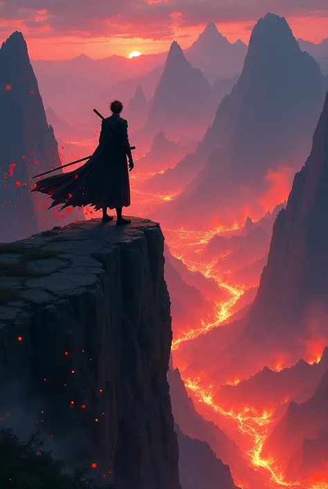  A character like Ichigo (Bankai version), dressed in black, on the side of a mountain in the foreground, watching a kingdom on fire under siege below..
His red mana surrounding Ichigo with Zangestsu on his back
Chinese mountains in the background
The scen...