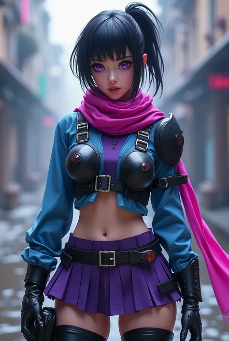 A hybrid human , Short black hair with a ponytail,purple eyes, she wears a blue shirt ,a purple blouse with part of the armor,purple mini skirt, black pants , pink scarf