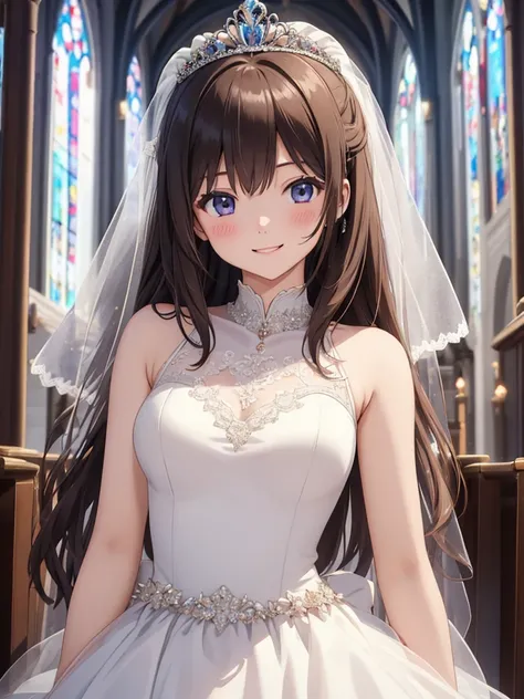 masterpiece、 high definition 、1 Girl、solo、whole body、woman、 smiles lightly、blush、Mid-chest、 skinny、 real、20th Generation、 wedding dress、 mini dress、church、 tiara 