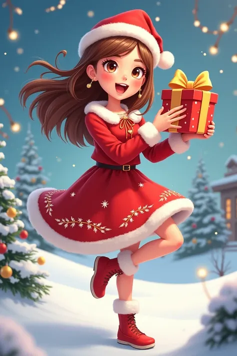 Szoval egy cartoon jellegű barna hajú lányt szeretnék, in a Christmas dress ,  lift one leg from excitement and hold a gift box in your hand and be very happy