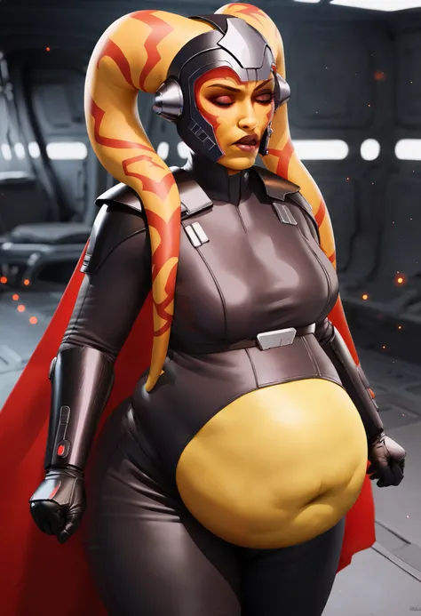 score_9, score_8_up, score_7_up, score_6_up, 2d, rating_questionable, rating_safe, BREAK ((green skin)) Female Twilek (((hera syndulla ))), helmet with red visor, star wars, armor,black gloves,tight bodysuit,black cape,black pants, close up, solo, standing...