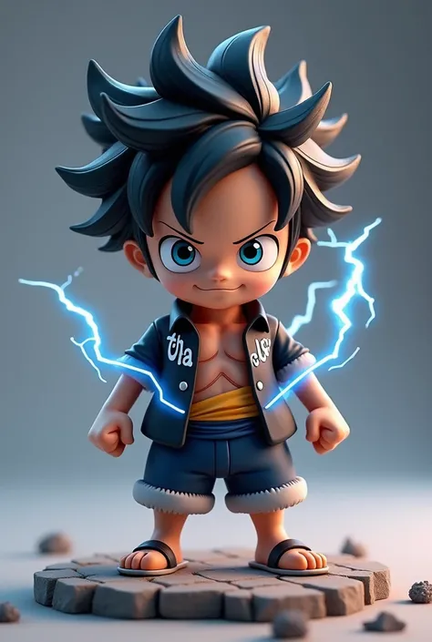 Small size Luffy 3D game logo with samurai ninja shirt,blue eyes"cool black and white hair "  with lightning effect inscribed "tcha"on the chest 