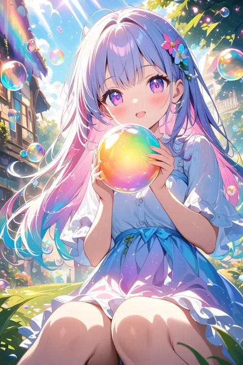 A beautiful girl playing with a multitude of iridescent soap bubbles, each bubble reflecting a rainbow of colors, capturing the essence of joy and innocence in a vibrant outdoor setting, soft sunlight illuminating the scene, dreamy atmosphere, high detail,...