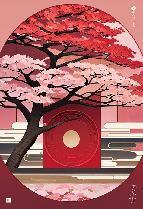 Surround the tree using circular or organic shapes that symbolize harmony and balance. The Japanese umbrella has a striking presence. Incorporate a natural color palette of reds, pinks, browns, and earth tones with subtle gradients to create depth. The bac...