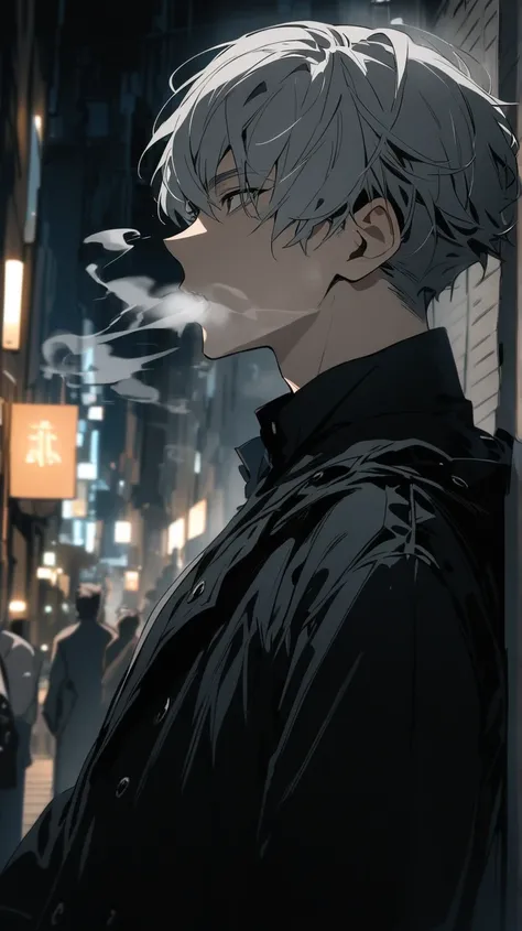 A young, good-looking man with gray hair making smoke coming out of his mouth in the city at night