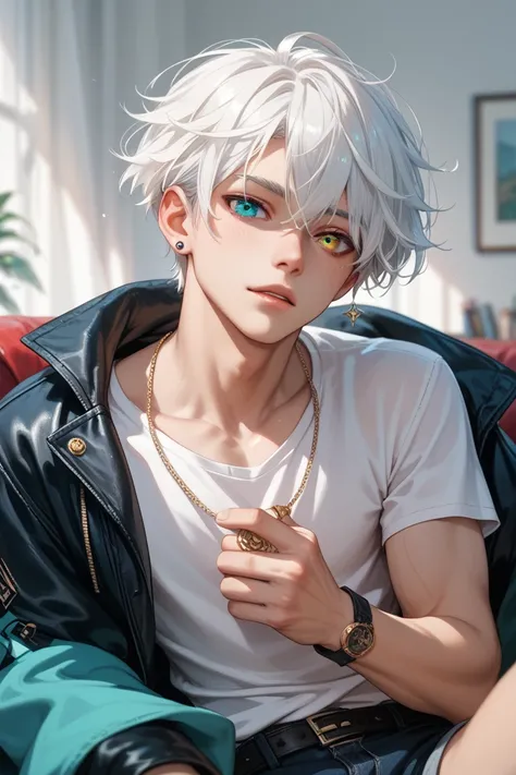 boy guy male Heterochromia green right eye purple left eyes White hair short hair