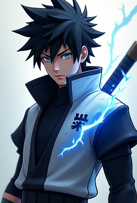 Small size Sasuke 3D game logo with samurai ninja suit,blue eyes"cool black and white hair "  with lightning effect inscribed "TCHA"on the chest 