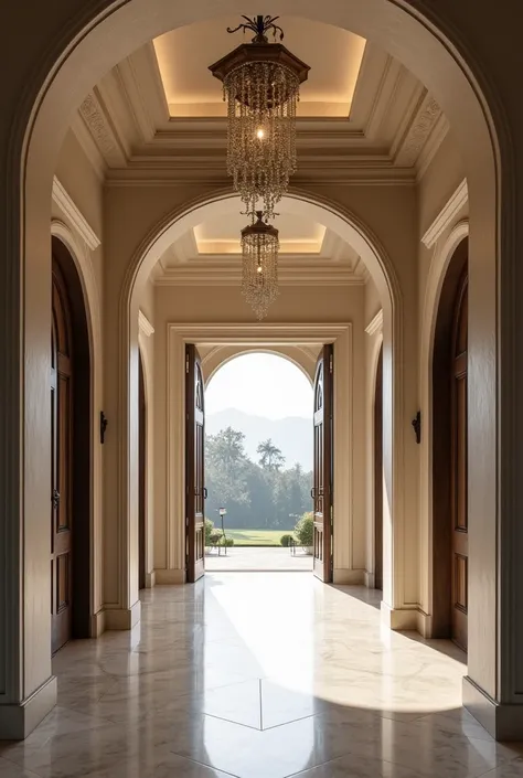 Design of the interior entrance of the villa in the form of a hexagon, each of which has the sides of the walls built on the floor and side by side