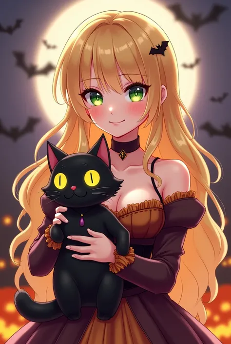 DIGITAL ILLUSTRATION OF ANIME GIRL CHARACTER CUTE  BLONDE LONG HAIR GREEN EYES CUTE SMILING SWEET FACE MATURE BIG BREASTS WEARING NEAT HALLOWEEN COSTUME HALLOWEEN BACKGROUND CARRYING BLACK CAT YELLOW EYES