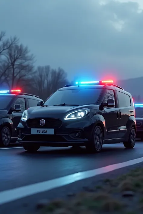  There are 3 Fiat Doblo 2020 cars on the road, black with black frames and blue and red flashing lights on the car, and the weather is gray and cloudy in the evening.