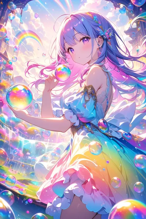 A beautiful girl playing with colorful soap bubbles, surrounded by many iridescent bubbles in a fantastical setting, the bubbles reflecting a rainbow spectrum, capturing a magical and dreamy atmosphere, soft lighting, ethereal background, vivid colors.