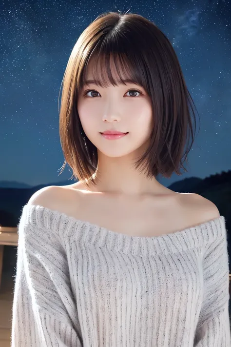  one woman, ( Beautiful Women, heavy sweaters:1.3),masterpiece,  best quality, ( RAW photos ,  best quality), (reality, Realistic:1.4)  (night, Beautiful starry sky:1.3), sexy、Exposing shoulders、 plump breasts 、 very detailed eyes and face,  Beautiful Deta...