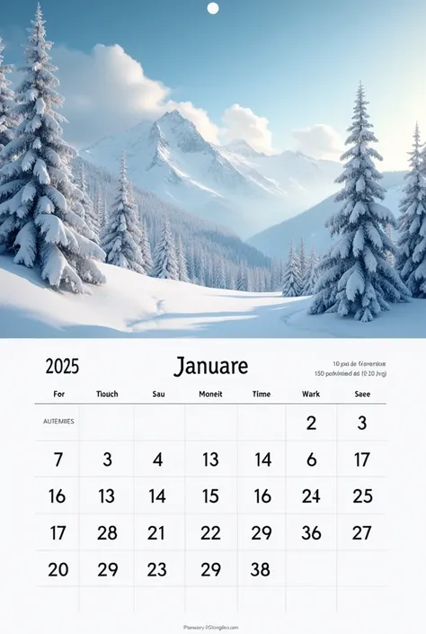 Calendrier du mois de janvier 2025, design moderne et minimaliste. Inclure une grande photo d’arrière-plan représentant un paysage hivernal (montagnes enneigées, forêt givrée ou ciel étoilé). Ajouter une grille élégante avec les dates et les jours de la se...