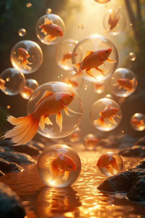 generate images of fantasy scene, goldfishes in Magical Bubbles, golden light penetrating through the bubbles, fantasy art,  (art by Carne Griffiths:1.2),Images must be of the highest quality with cinematic lighting and 16K resolution. Great attention to s...