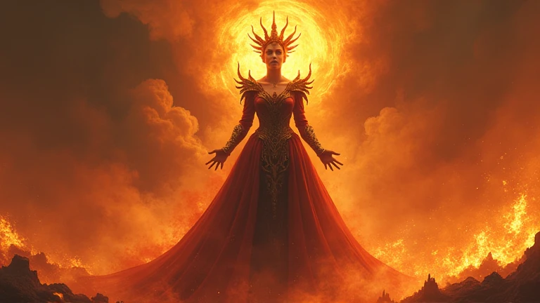 Bow to the Queen of the Inferno,
Her might, her power, the world will know.
Through ashes, fire, and endless pain,
Her reign begins; none shall remain.