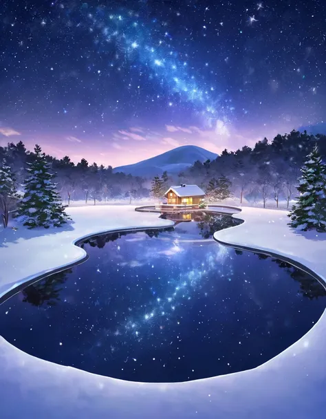 Winter starry sky and heart-shaped pond landscape