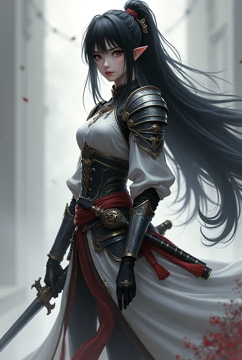 Theme of the game Dynasty Warrior. Image of a black-haired girl standing holding her favorite sword, wearing light armor in black and white, pastel colors, and dramatic tones. A masterpiece with the highest resolution , Image type surreal