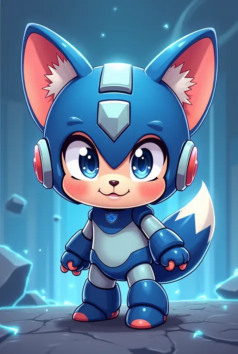 Crée moi un petit monstre tout mignon version pour un jeu dans le style de Megaman, entre le renard et le chat. Il doit être de couleur bleu dégradé et avec un air mignon. Inspire toi devoli dans son design .