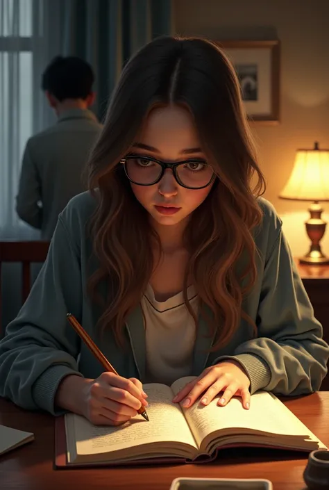 A 17-year-old white girl with brown hair wearing glasses writing on her bedroom desk in a notebook with gold sheets and a shadow of a boy behind them