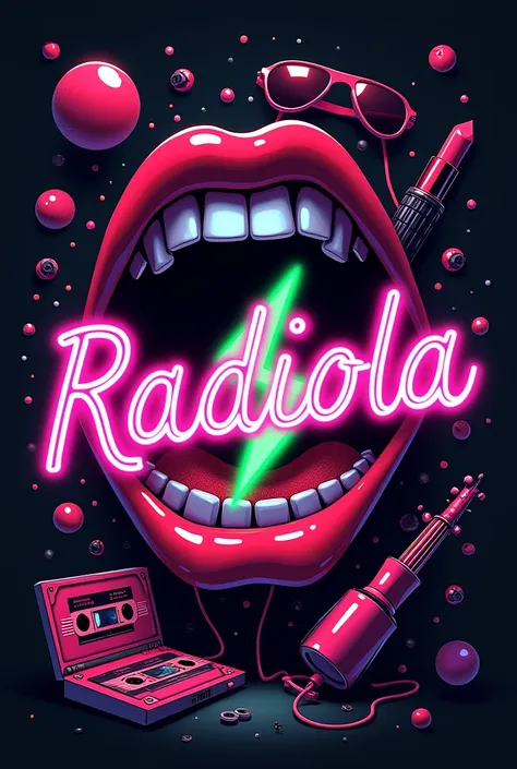 Le logo RADIOLA écrit en rose fluo et noir avec un éclair vert fluo qui traverse le logo.  The whole thing is inside a big red mouth
 The background is black. There are objects scattered around : roller,  lipstick, cassettes, guitar, lunettes de soleil.